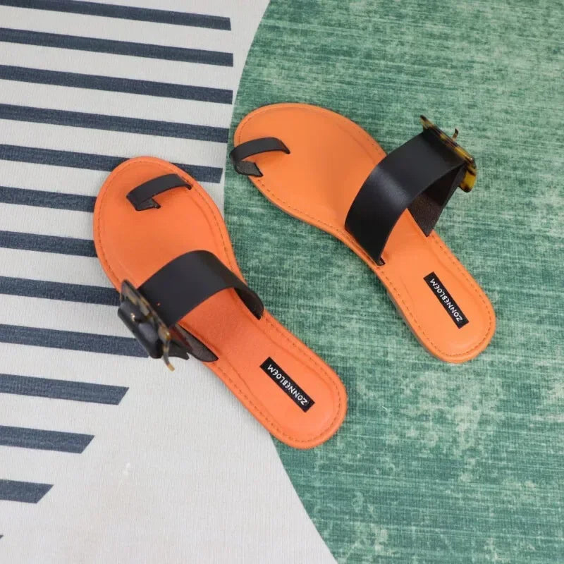 Women Leather Summer Sandals Shoes Retro design Thin Straps Open Toe Beach Slides Flat with Plus Size 41 Female Footwear