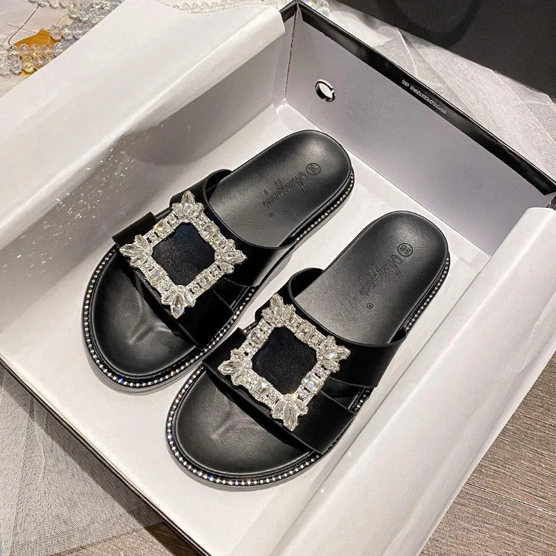 2023 rhinestone crystal buckle slippers women brand design crystal double flip flops female platform slides sandals big size 43