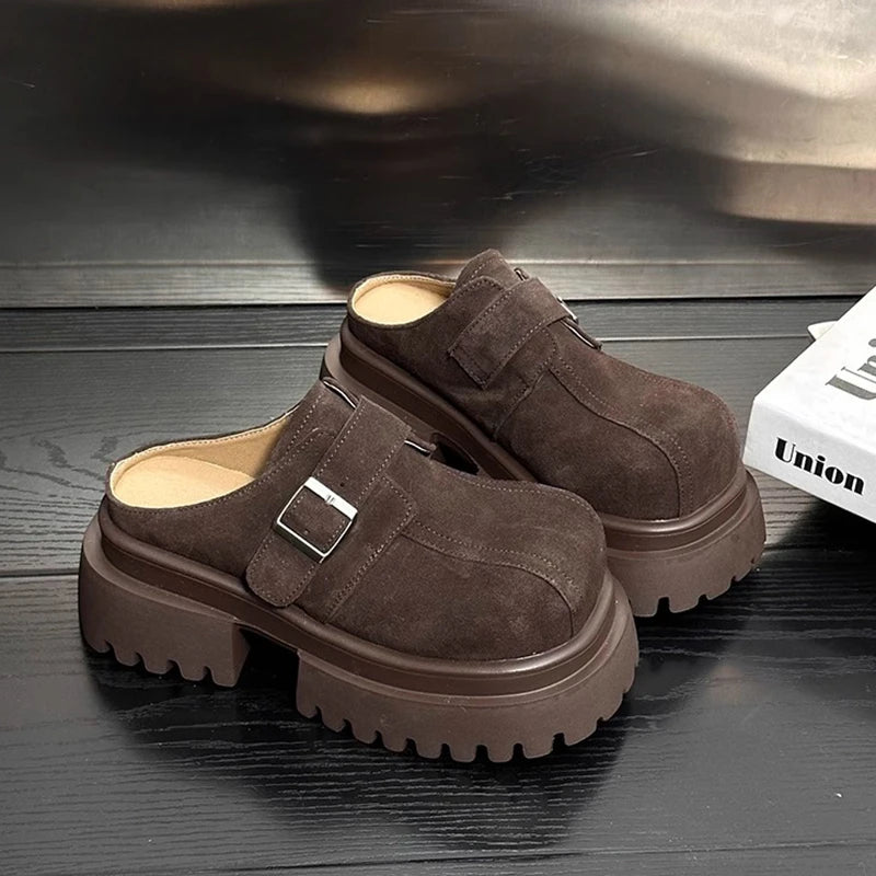 Suede Chunky Platform Women Mules Shoes Fashion High Heels Slippers 2025 Trend Winter New Brand Buckle Casual Femme Chaussures