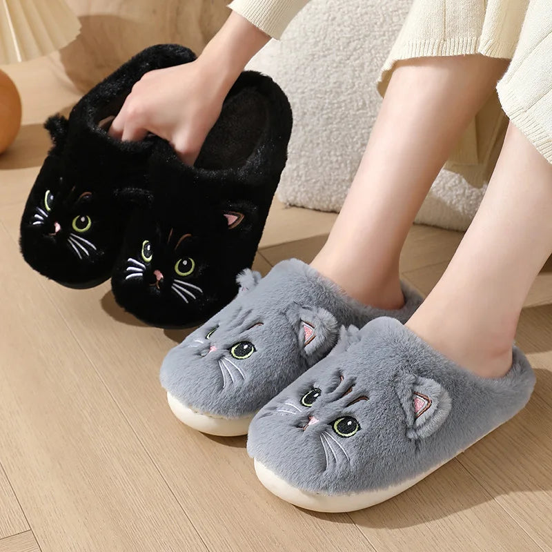 Kawaii Cartoon Cat Fuzzy Slippers - Ultra Soft Fabric Inner, Plush Flat Sole, Cozy Warmth, TPR Durable Outsole, Fabric Upper
