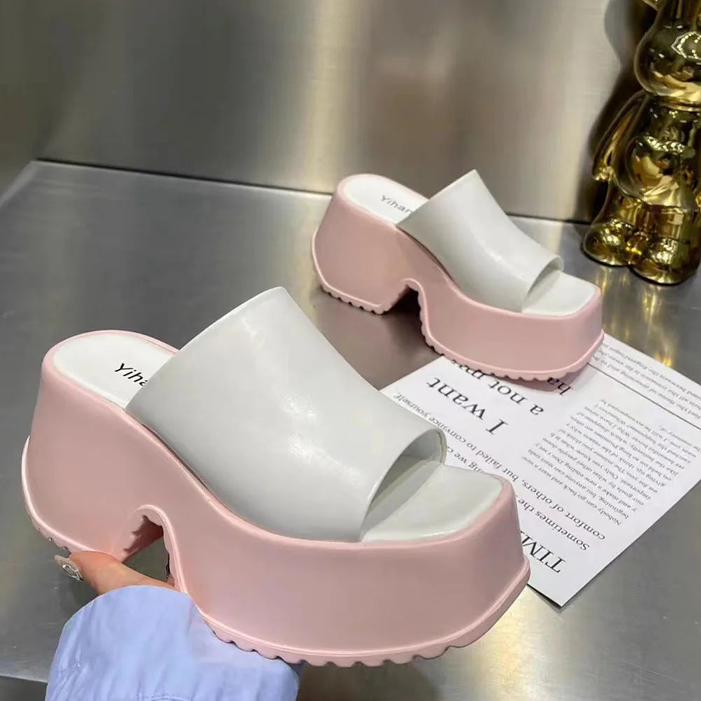 Punk Chunky Heels Mule Shoes Sandals For Women Rivet Platform Slide Sandals Open Toe 2024 Summer Trendy Shoes Street Women Shoes