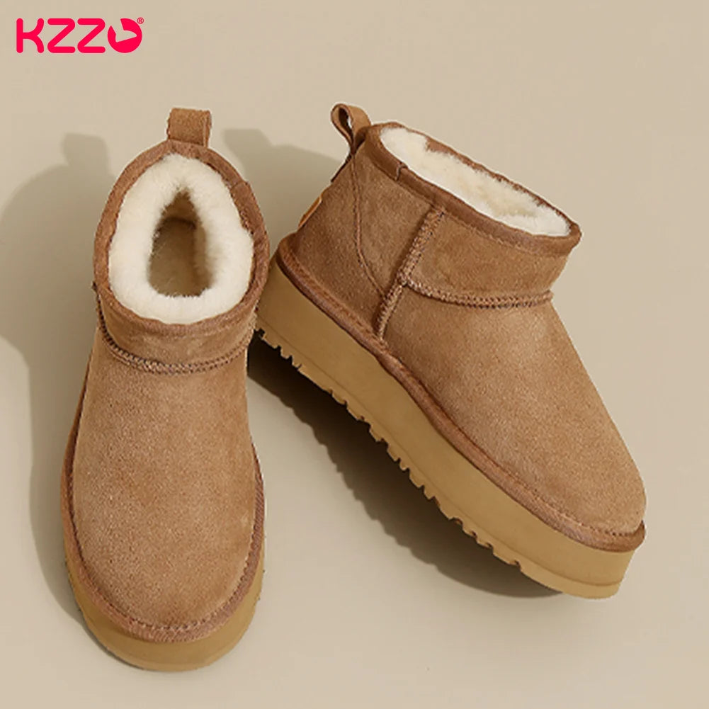 KZZO 2023 Australia Sheepskin Leather Ultra Mini Platform Snow Boots Women Natural Wool Fur Ankle Thick Sole Winter Warm Shoes