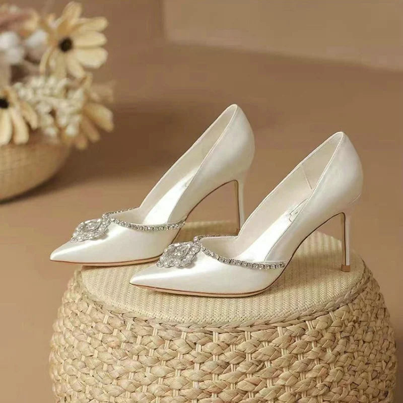 2025 Elegant Wedding Shoes Bridal Shoes White Rhinestone High Heels Bridesmaid Pumps