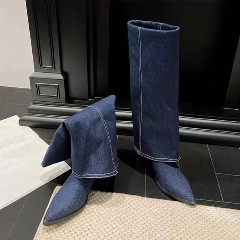 Chunk Leather High Boots Women Knee High Pointer Toe Heels Shoes Woman Trend Chelsea Boots New Pumps Mujer Snow Gladiator Botas