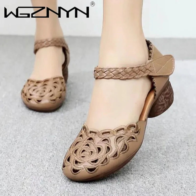2022,NEW Summer Women's Genuine PU Leather Shoes Woman Retro Hollow Out Sandals Female Hook & Loop Heels Ladies Platform Sandal