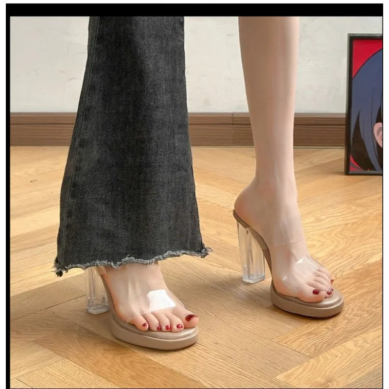 Summer Soft Platform Sandals for Women Fashion Transparent Pvc High Heel Sandalias Mujer 2024 New Clear Square Heels Slippers