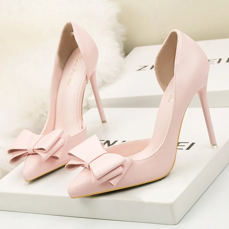 Sweet Bow High Heels Stiletto High Heels Shallow Mouth Pointed Side Hollow Luxury Designer Heels Party Shoes Woman 2023