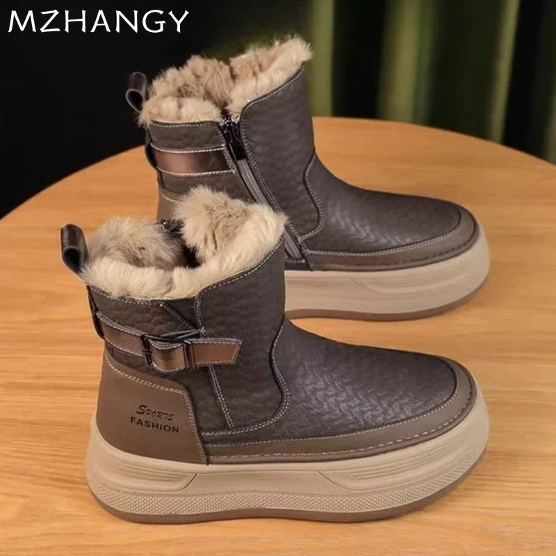 Platform Women Fur Snow Ankle Boots Flats Leather Short Plush Cotton Shoes Trend Fashion Sneakers Warm New Cozy Mujer Goth Botas