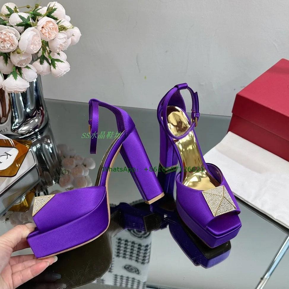 New Square Toe Satin Rivets Chunky Heel Sandals Thick Bottom Peep Toe Patent Leather High Heels For Women