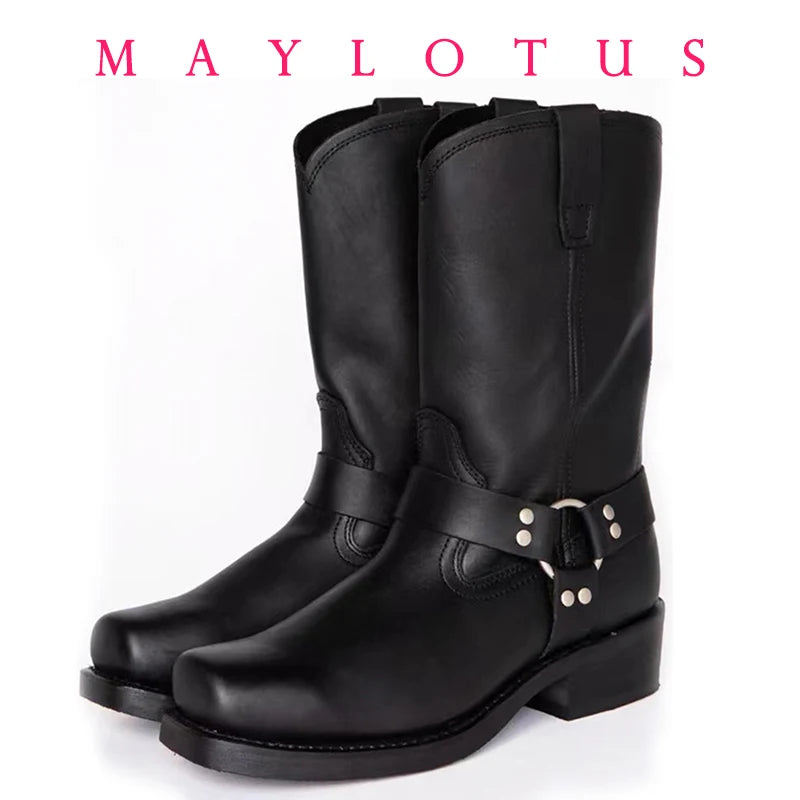 Size 39-48 Luxury Retro Cowboy Boots Men Mid Calf Western Boot Men Pu Leather Man Slip On Shoes Winter Knight Boots Booties