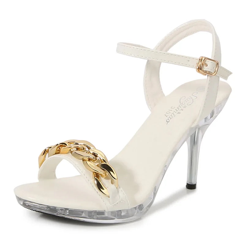 Voesnees High Quality Gold Chain Design Women Sandals Summer Beach Party Shoes Plus Size Transparent Platform 9.5CM Stilettos
