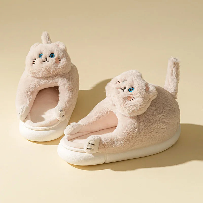 2022 New Cute Cat Slippers Women Winter Home Furry Slippers Indoor Floor Kawaii Floor Shoes Non-slip Fluffy Winter Warm Slippers