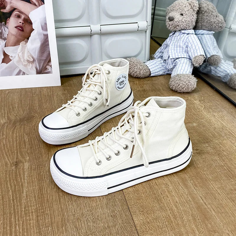 Women's Canvas Shoes 2024 Spring Lace Up Round Toe Causal Flat Shoes Student Sneakers Girls Skateboard Vulcanized Tennis Women