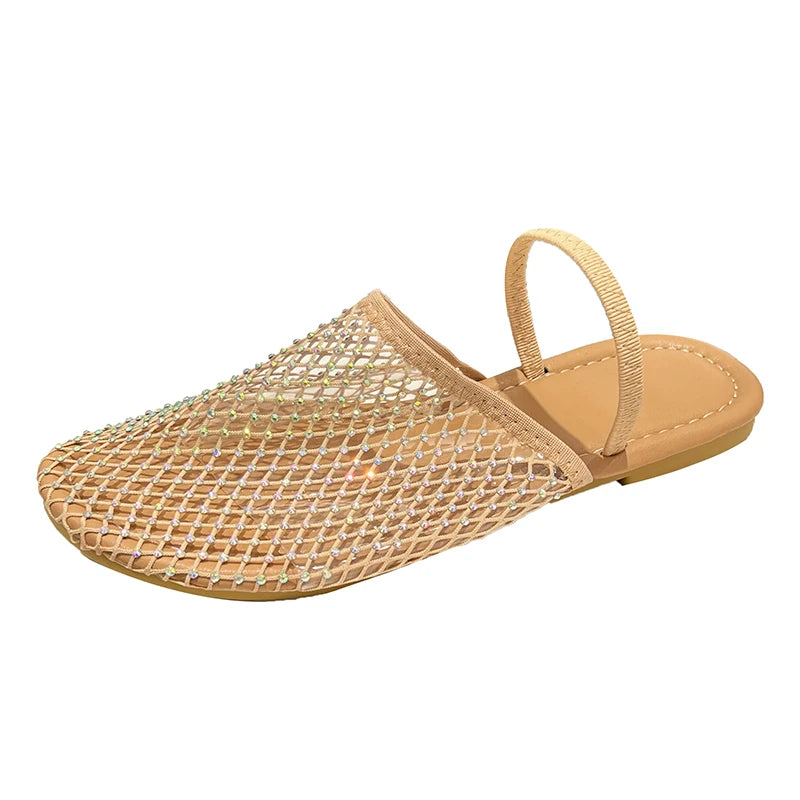 Nude Color Fishnet Mule Slides Woman Luxury Rhinestone Mesh Flat Sandals Ladies Summer Casual Net Shoes Plus Size