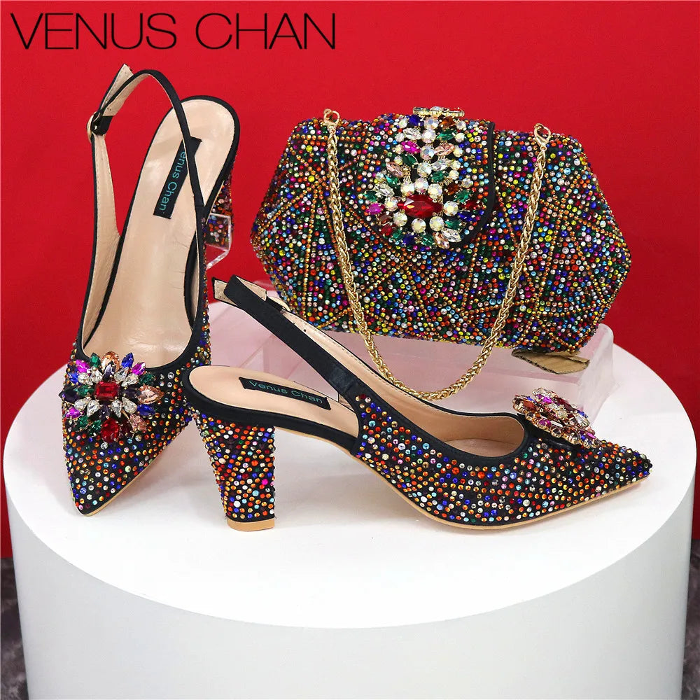 High Quality Designer Shoes and Bags Matching Set Decorate with Rhinestone Women Shoes High Heel Luxury Shoes Women Designer