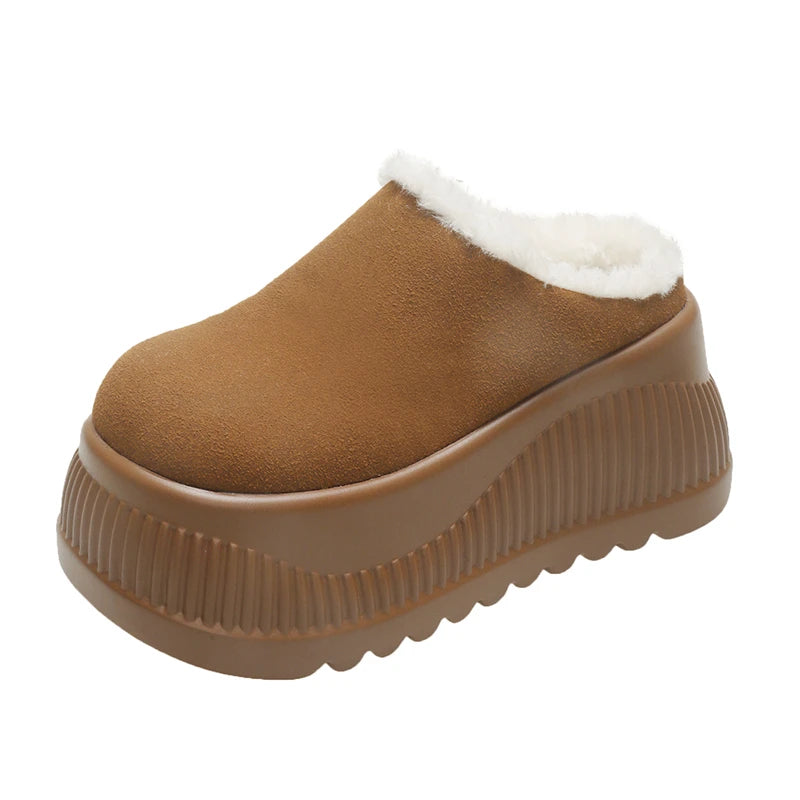 Women Platform Fur Slippers Suede Mules Shoes Winter 2025 Trend Casual Snow Boots Short Plush Warm Cotton Shoes 10CM High Heels