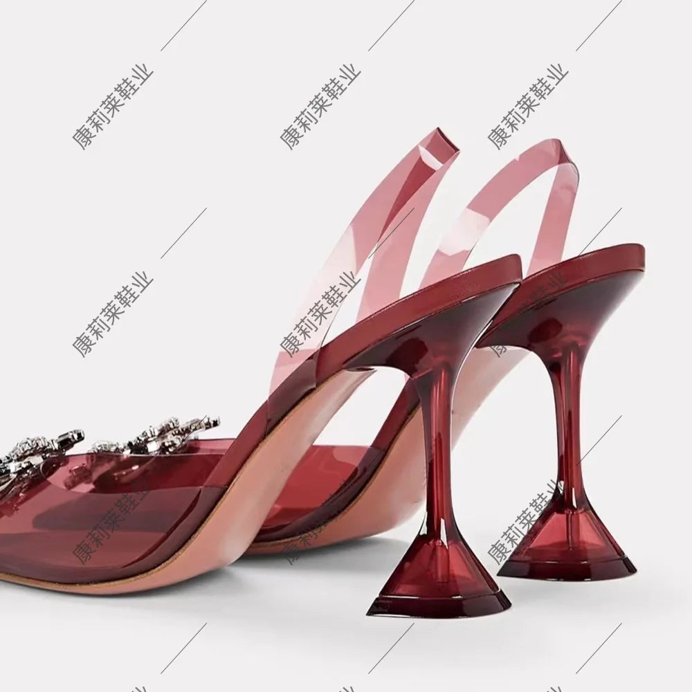 French Crystal High Heels Women's 2022 Summer New Rhinestone Sun Buckle Pointed Baotou Transparent Thin Heel Sandals
