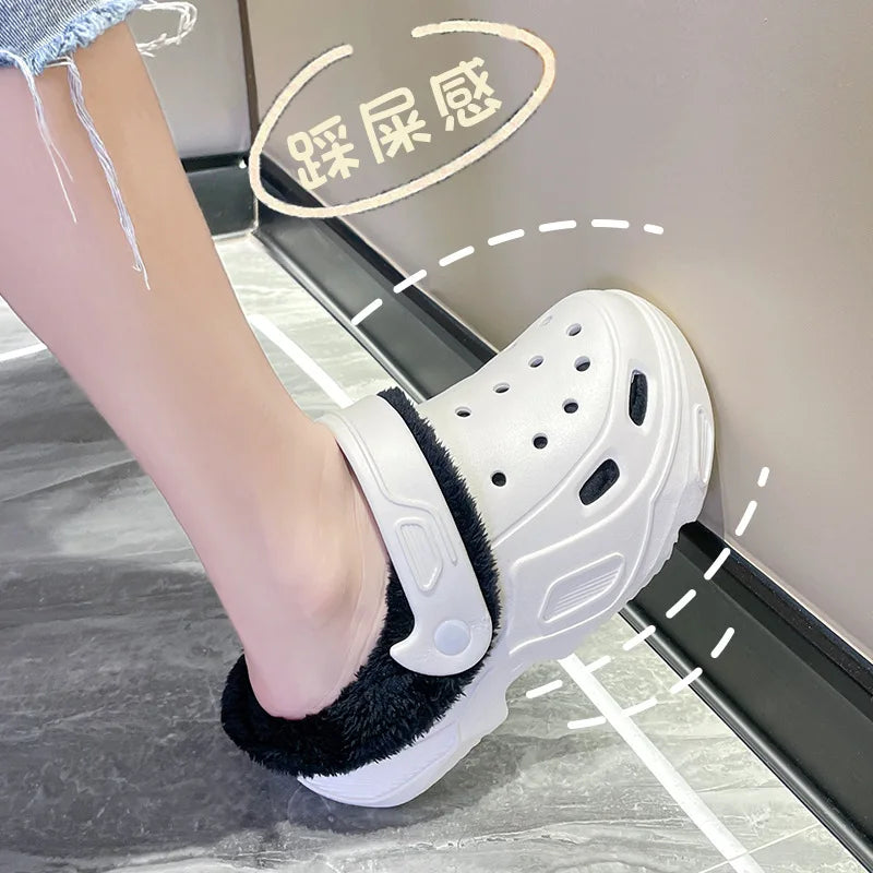 Chaussures à semelles épaisses et trous en velours d'hiver pour femmes, vêtements d'extérieur à la mode, pantoufles en coton amovibles, pantoufles chaudes et antidérapantes