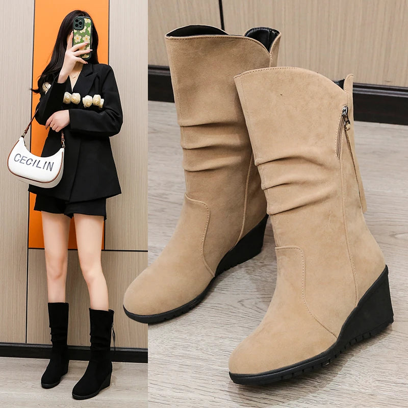 Vintage Faux Suede Wedge Ankle Boots for Women's 2024 Autumn Winter Warm Plush Flat Heels Short Boots Woman Slip on Cowboy Botas
