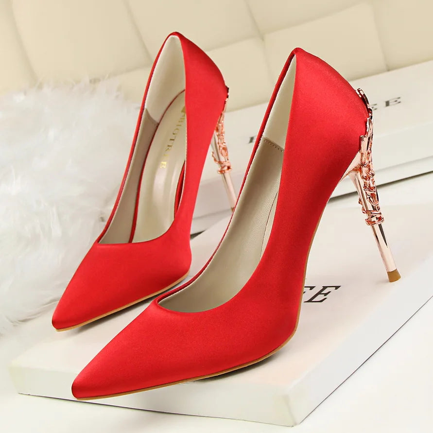Woman 10cm High Heels Metal Heels Satin Silk Dress Fashion Pumps Lady Wedding Bridal Scarpin Catwalk Orange Green Wine Red Shoes