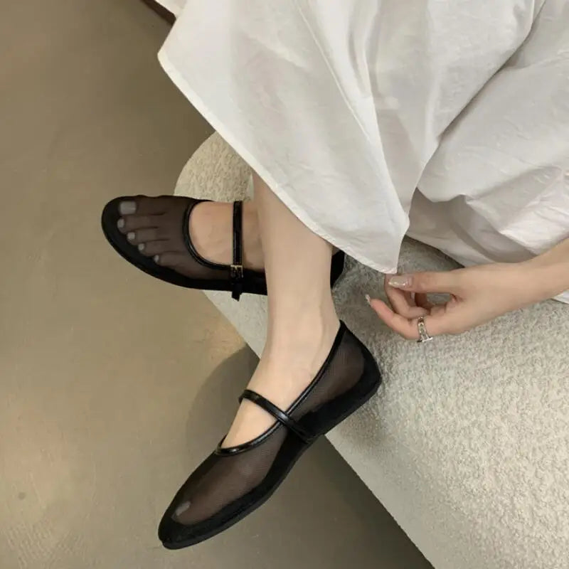 2024 Fashion Round Toe Mesh Mary Jane Flats Shoes Women Summer Shallow Shoes Buckle Ballet Footwear Ladies Moccasins Shoes