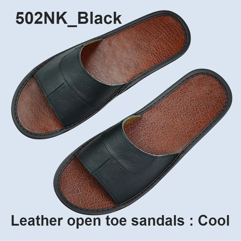 Genuine Cow Leather Slippers Homes in indoor slipper summer men women elderly non-slip cool sandals casual single Slides shoes