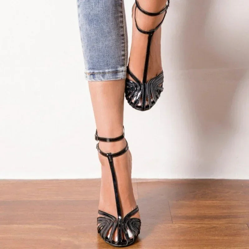 2025High Heel Women Sandals Summer Black Stilettos Ankle Buckle Strap Ladies Casual Pumps PU Sexy Sandalias Comodas De Mujer
