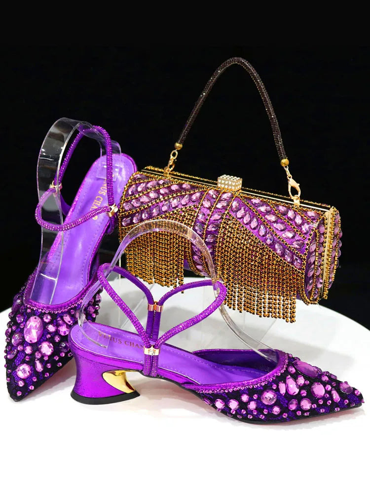 Fashion Gold Color Slippers Nigerian Party Italian Design Ladies Shoes and Bag Set Decorated With Rhinestone and Metal