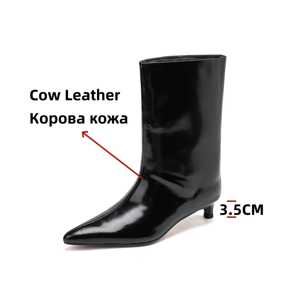 FEDONAS Pointed Toe Stiletto Geuine Leather Boots for Women Mid-calf Tube Shoes Fashion Autumn Winter Knight Boots Party Shoes