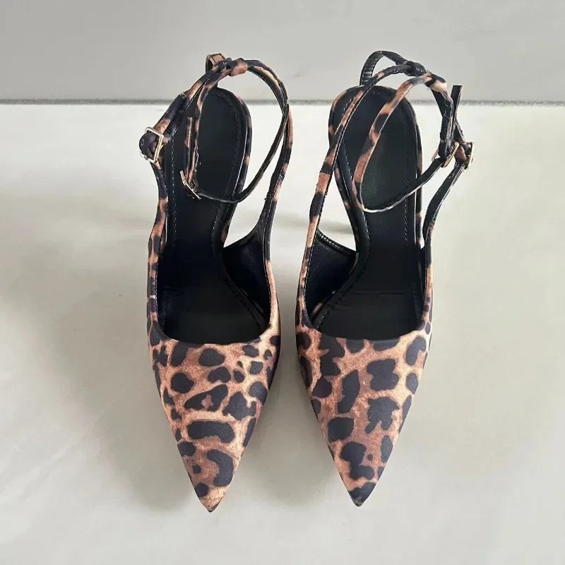 Leopard Print Pointed Toe Office Lady Shoes 2024 Autumn Designer Shallow Stilettos Large Size Ankle Strap Women High Heels Pumps