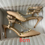 Beige Square Rivets T-Strapy Women Sandals New High Heels Sexy Party Wedding Pointed Toe Pumps Ankle Buckle Women