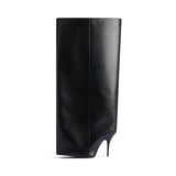 2024 Winter New in Black Leather Wader Boots Pointed Toe High Heels Pull on Knee High Boot Denim Luxury Design Women Down Shoes