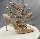 Beige Square Rivets T-Strapy Women Sandals New High Heels Sexy Party Wedding Pointed Toe Pumps Ankle Buckle Women