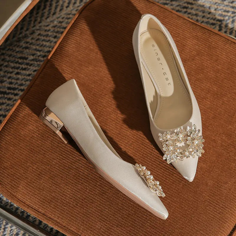 Flat Shoes Bridal Shoes Square Buckle Rhinestone Low Heeled Single Shoes high heels