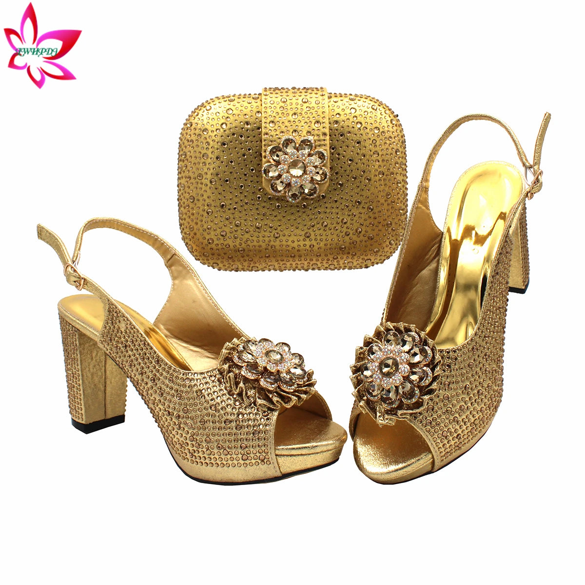 2022 High Quality Classics Style Italian Women Shoes Matching Bag Set in Golden Color Comfortable Heels for Garden Party