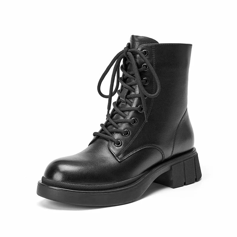 BeauToday Ankle Boots Women Platform Leather Round Toe Side Zipper Lace-Up Ladies Non-slip Thoes Handmade 04492