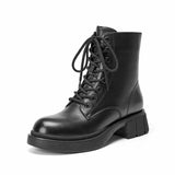 BeauToday Ankle Boots Women Platform Leather Round Toe Side Zipper Lace-Up Ladies Non-slip Thoes Handmade 04492