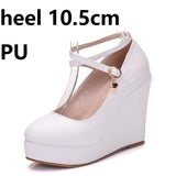 Crystal Queen High Heels Platform Wedge Female Pumps Women's Flock Buckle Bowtie Ankle Strap Wedding Shoes Round Toe White