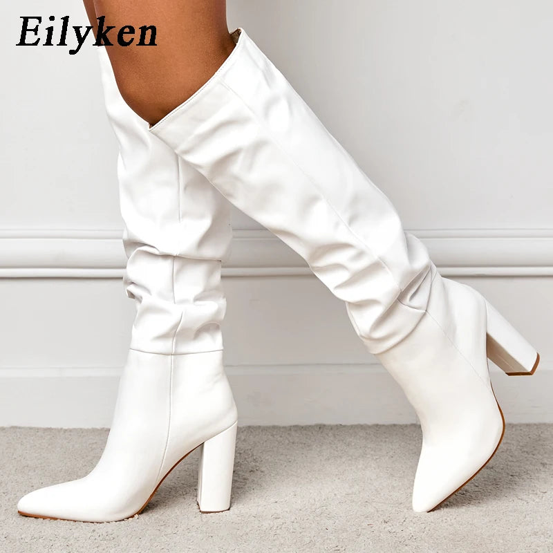 Fashion White Black Women Knee High Boots Sexy Pointed Toe Square Heels Ladies Long Slip On Female Shoes size 35-42