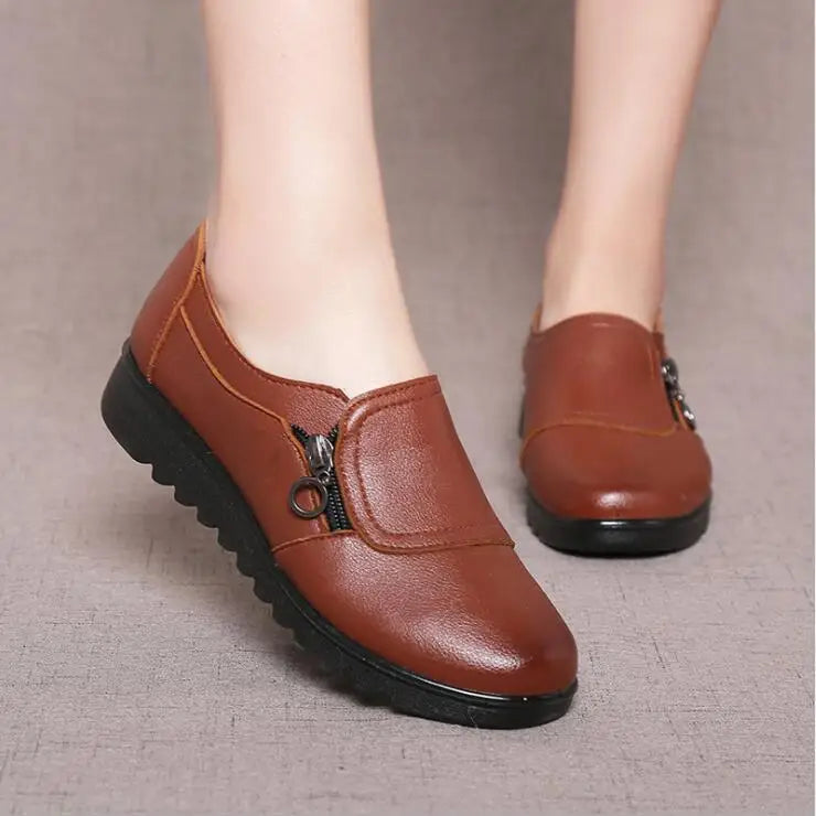 2021 Fashion Soft Leather Round Head Women Casual Flats Ladies Side Zipper Flat Oxford Shoes New Single Non-slip Warm Slope Heel