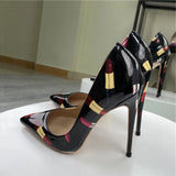 Heelgoo Newly Lipsticker Print Women Glossy Pointy Toe High Heel Black Party Shoes Slip On Stilettos Pumps Plus Size 33-46