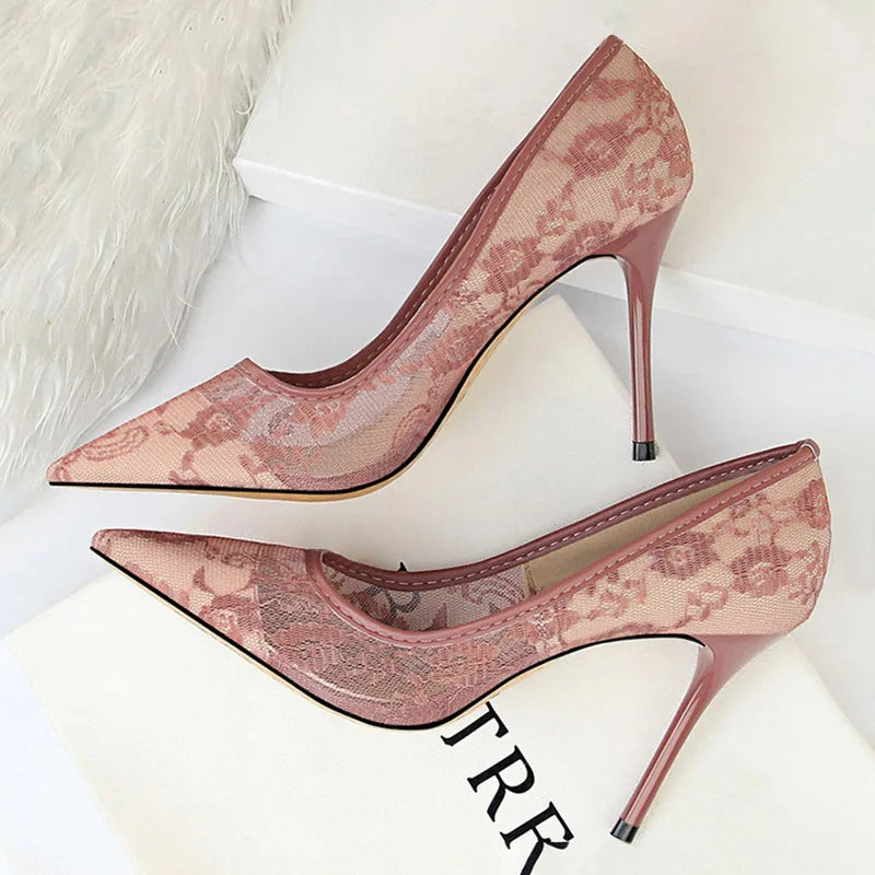 BIGTREE Shoes Mesh Hollow Lace Woman Pumps 2025 Spring Women Heels Sexy Party Shoes Thin Stiletto Heels Women Shoes 6 Colour