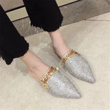 SNURULANPointed Toe Half Slippers Female Summer Wear New Fashion Rhinestone Lazy Flats Sandals Casual Mules Metal Chain Slide
