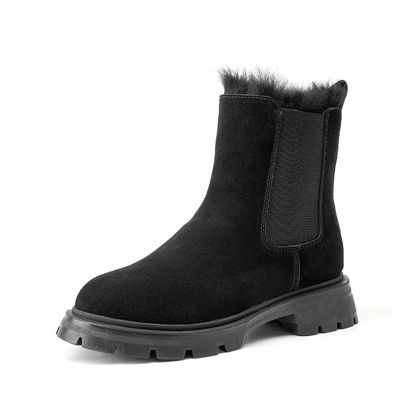 BeauToday Chelsea Boots Women Suede Leather Snow Boots Warm Fur Round Toe Ladies Platform Shoes Handmade 08206