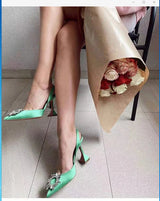 New Fashionable Half Slippers Women&#39;s Sandals Fashionable Sparkling Rhinestones Satin Wine Glass Heel Shoes Closed-Toe Slippers