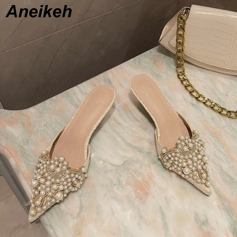Aneikeh Spring/Autumn Fashion Sexy Women Shoes Elegant String Bead Crystal Patchwork Slip-On 35-42 Thin Heels Slipper NEW 2025