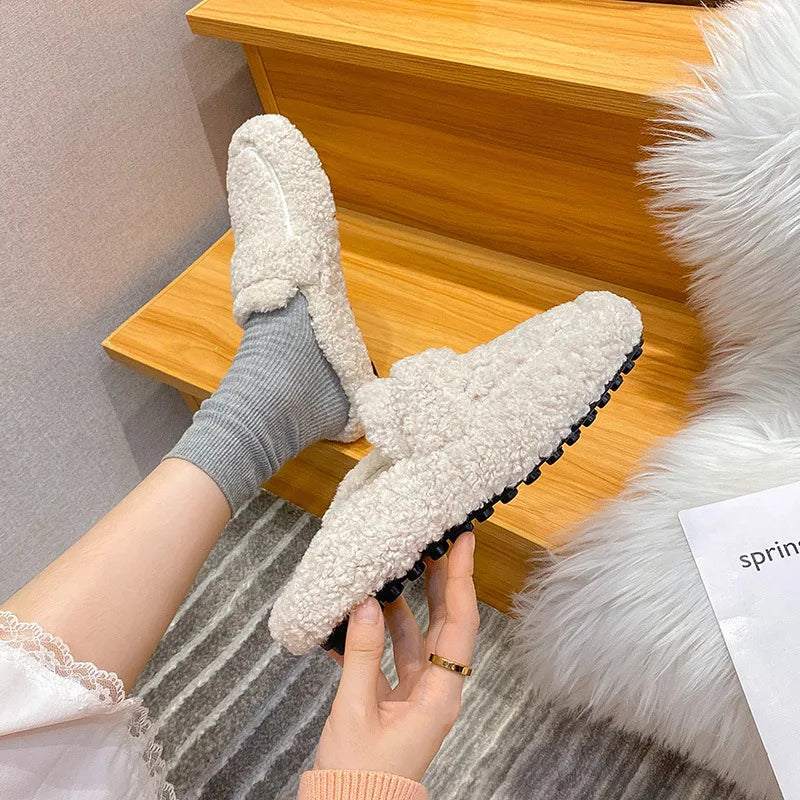 Winter Warm Plush Mules Women One Band Fur Slippers Cozy Cotton Shoes Woman Flats Cover Toe Fleeces Slides Femme Wool Pantuflas