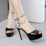 Women Fashion Floral Print Patchwork Sandals 2024 Summer Platform Super High Heels 12cm Lady Crystal Buckle Peep Toe Shoes Party