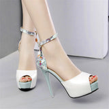 Women Fashion Floral Print Patchwork Sandals 2024 Summer Platform Super High Heels 12cm Lady Crystal Buckle Peep Toe Shoes Party