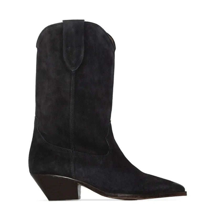 Nude Suede Embroidered Mid-Calf Boots Women Designer Shoes Thick Heel Pointed Toe Cowboy Boots for Women Knight Botas Femininas